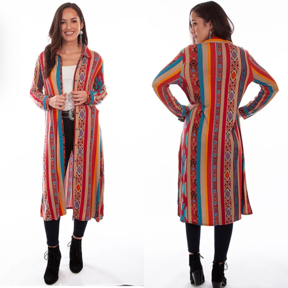 Scully Western Duster Aztec Print Red Striped Serape Duster/Dress Retail $125